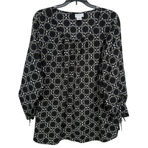 Liz Claiborne Top Blouse 3X Black White Print Geo Career Workwear
